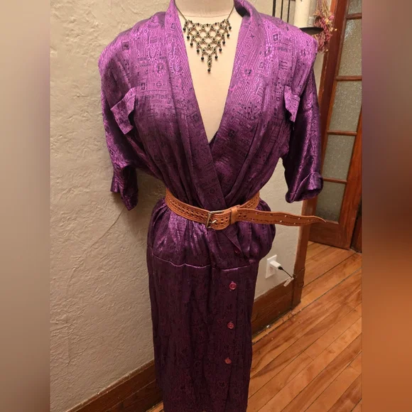 Vintage Dan Vali Silk Dress Purple Metallic Midi Belted Statement Canada - Picture 5 of 11